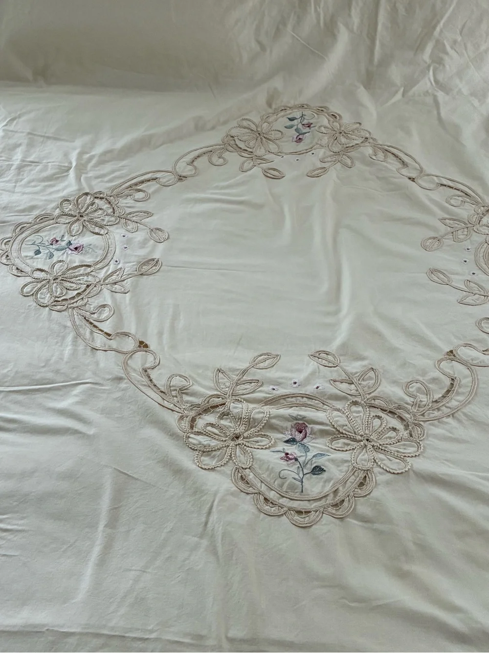 Duvet Cover Twin Size Battenberg Lace Embroidered Cream Color Vintage